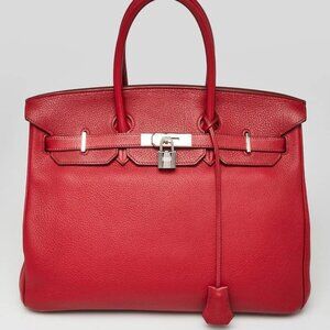 Hermes 35cm Rouge Casaque Clemence Leather Palladium Plated Birkin Bag
